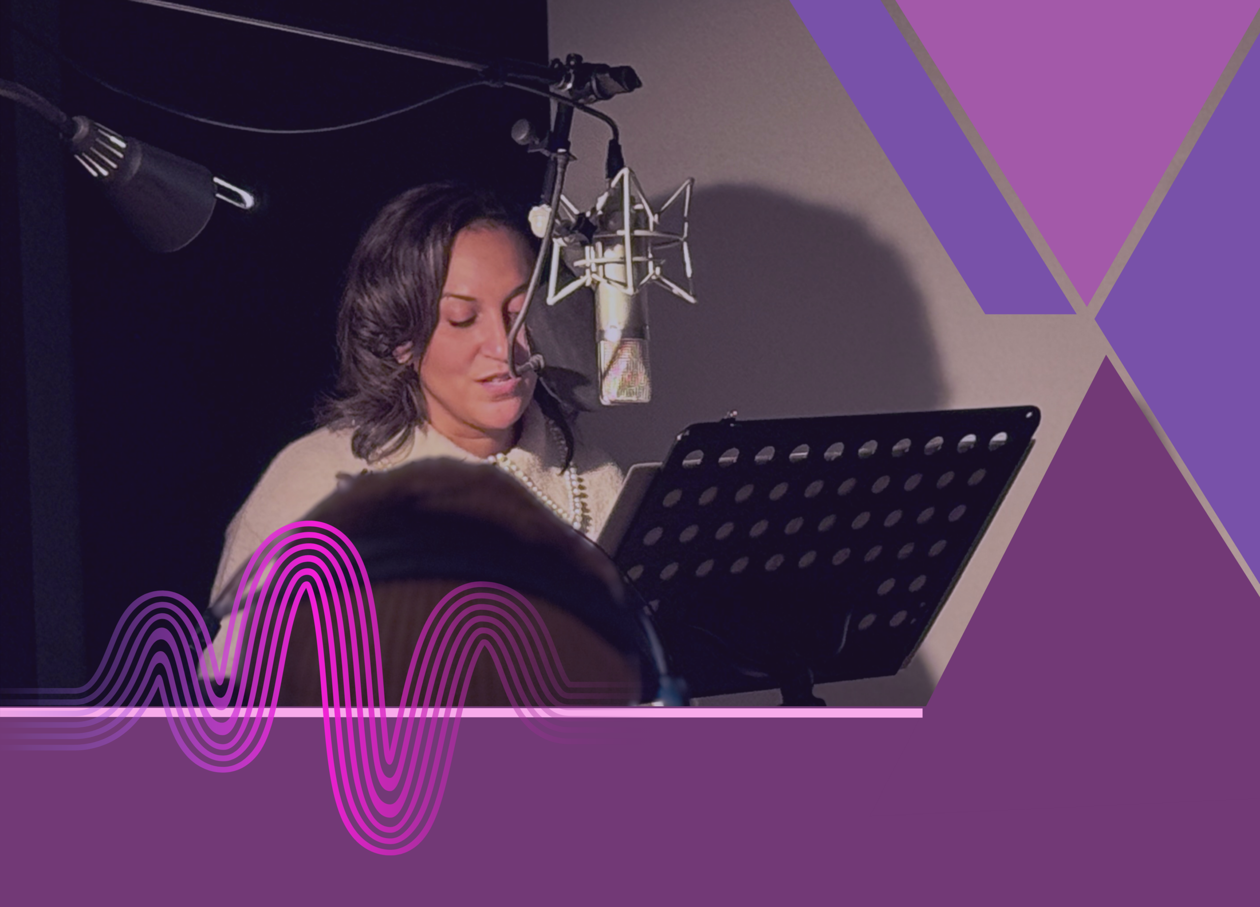 Angela speakin into a microphone about JEDDI with purple branded colours